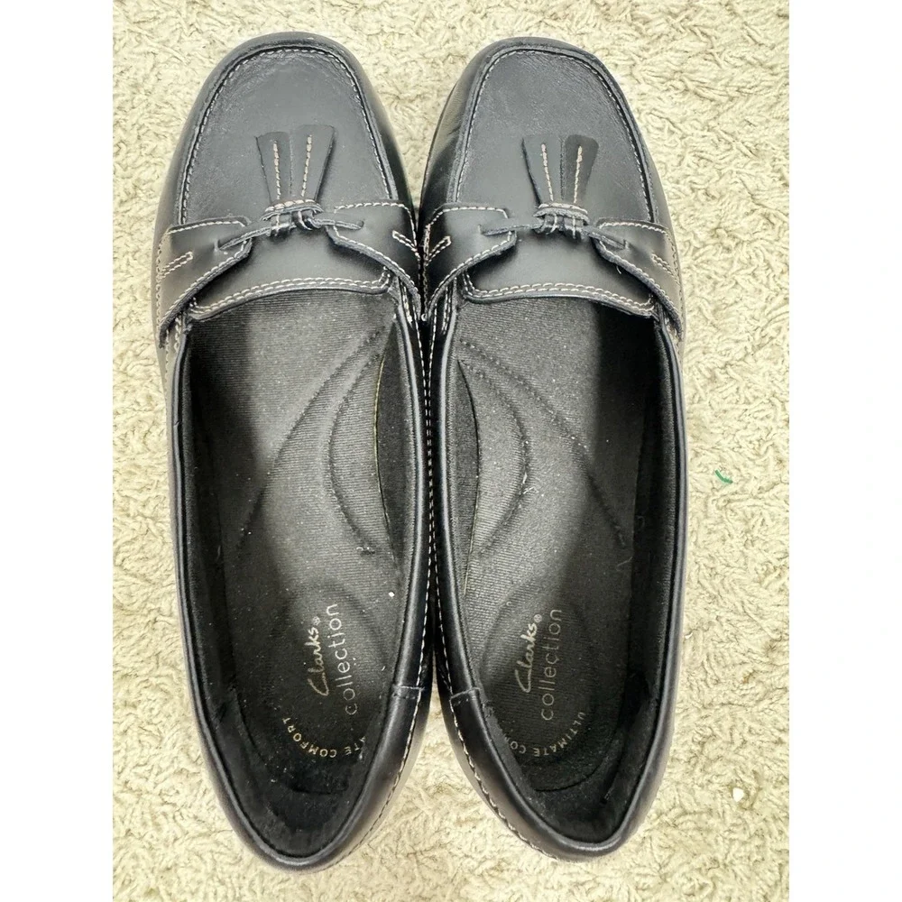 Clarks Ashland Bubble Black Leather Slip On Comfort‎ Loafers Size 8.5 XW Tassels